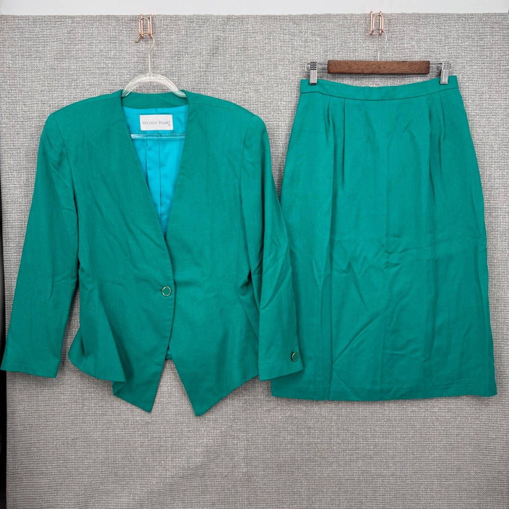 Vtg Michelle Stuart Skirt Suit Women 12 Teal Rayon 80s Office Power 90' Retro